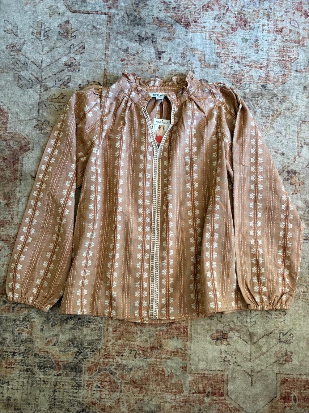 Nine West Rust-Brown Printed Balloon-Sleeve Blouse - Picture 3 of 7